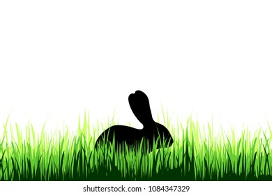 Vector silhouette of rabbit on a meadow on white background.