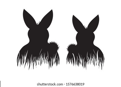 Vector silhouette of rabbit sitting in the grass on white background. Symbol of nature, hare, forest, wild, meadow, family, couple, mother, Easter, spring, daughter.