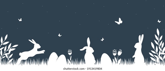 Vector silhouette rabbits in grass background. Easter background with bunny and eggs. 