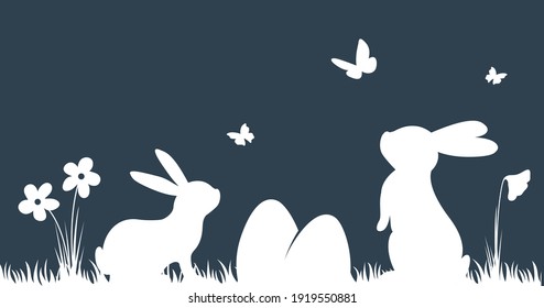 Vector silhouette rabbits on dark background. Easter background with bunny, eggs and butterfly. 