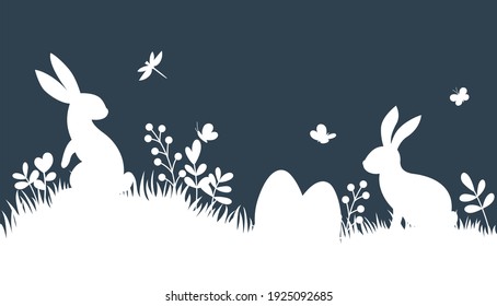 Vector silhouette rabbits on dark background. Easter background with bunny, eggs and butterfly. 