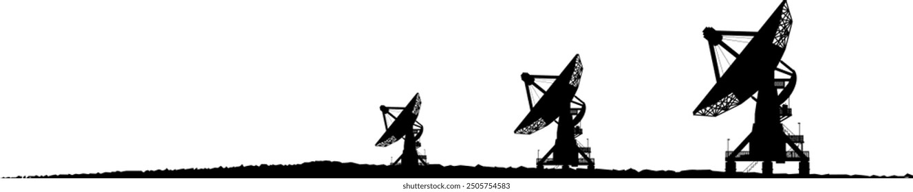 Vector Silhouette - Radio telescope with parabolic mirror for monitoring signals and radio frequencies in space - Science and Astronomy