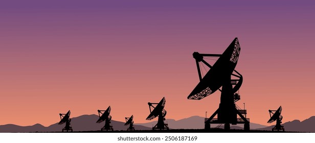 Vector Silhouette - Radio telescope with parabolic mirror for monitoring signals and radio frequencies in space - Science and Astronomy