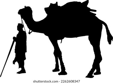 vector silhouette rajasthan man with camel in desert, black and white illustration of illustration of a man walking with a camel in a desert, Arab man with a camel in desert