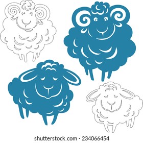 Vector silhouette of a ram and sheep. Provided linear version