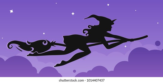 Vector silhouette of a rapid witch flying on a broomstick