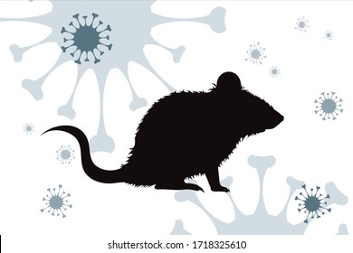 Silueta vectorial de rata sobre fondo con símbolo de virus. Símbolo de enfermedades.