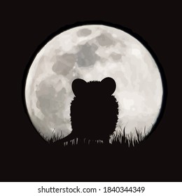 Silueta vectorial de rata sobre fondo lunar. Símbolo de animales de noche y de campo.