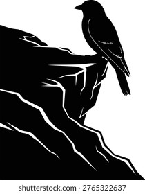 Vector silhouette raven perched on a rock formation illustration