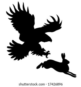 vector silhouette of the ravenous bird attacking hare