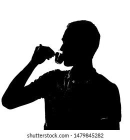 Vector silhouette of realistic young man drinking coffee. Male holding small cup in hand. Side view. Illustration on white background.