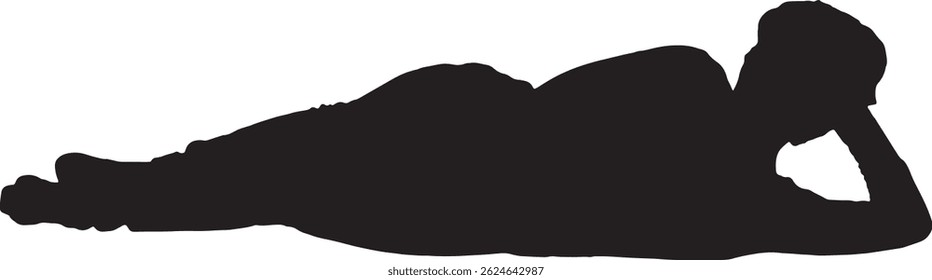 vector silhouette, rear view of relaxed woman lying on the floor looking background
