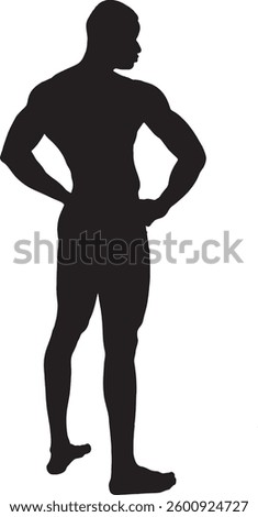 vector; silhouette of rear view of a standing muscular man arms akimbo