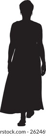  vector silhouette, rear view of a woman walking dressed in a dress and sandals