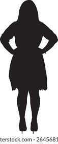 Vector; silhouette rear view of woman standing and arms akimbo and dressed in dress and high heel shoes