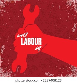 Vector silhouette of red clenched fist holding wrench isolated on red grunge background. Labour day and international workers day poster, label, greeting card with hand. 1 may logo design template