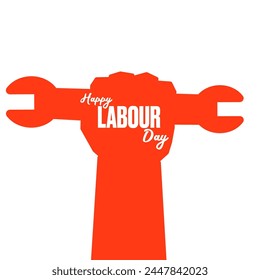Vector silhouette of red clenched fist holding wrench isolated on white background. Labour day and international workers day poster, label, greeting card with hand. 1 may logo design template