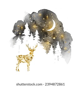 Vector silhouette of reindeer. Magic winter landscape with isolated animal, sky, stars, moon and forest in black and golden colors. Watercolor deer vector illustration and splash