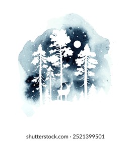 Silhueta vetorial de renas e árvores. Paisagem aquarela de inverno com animal isolado, lua e floresta de coníferas nebulosa.  Design para impressão de Natal, cartaz, banner