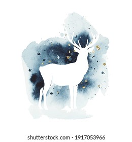 Vector silhouette of reindeer. Watercolor print with isolated animal in dark and golden colors. White deer illustration and watercolor splash. Design of a t-shirt, postcard, Christmas poster, bag