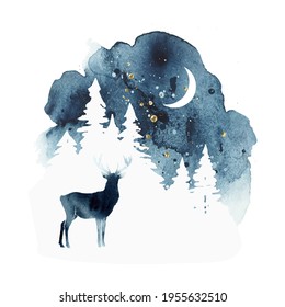 Vector silhouette of reindeer. Watercolor winter landscape with isolated animal, sky, moon and forest. Watercolor deer vector illustration and splash. Design of a t-shirt, banner, postcard, christmas 