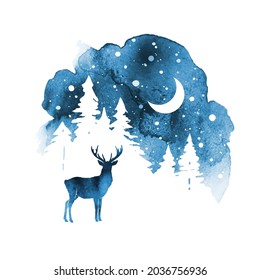 Vector silhouette of reindeer. Watercolor winter landscape with isolated animal, sky, moon and forest in blue and gold colors. Watercolor design of a banner, postcard, christmas card