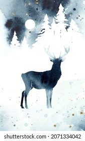 Vector silhouette of reindeer. Watercolor winter landscape with isolated animal, sky, moon and forest in blue and gold colors. Watercolor deer vector illustration and splash