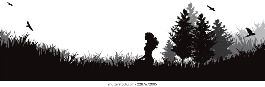 Vector silhouette of relaxing woman in nature. Symbol of peace and healthy lifestyle.