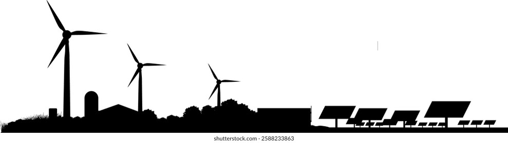 Vector silhouette renewable energy - wind turbines solar plants and biogas plant - panorama landscape