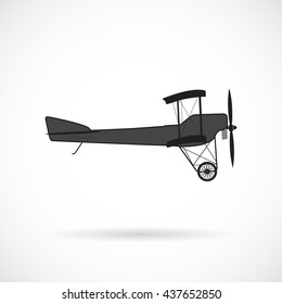 Vector silhouette retro plane times of World War I over white.