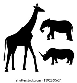 Vector silhouette of rhino, elephant, giraffe