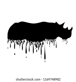 Vector silhouette of rhinoceros with drops on white background.