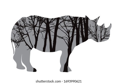 Vector silhouette of rhinoceros with trees on background. Symbol of forest.