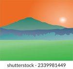 Vector silhouette of rice field landscape with small mountain background