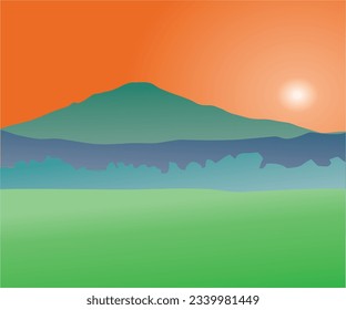 Silueta vectorial del paisaje de campo de arroz con fondo de montaña pequeño