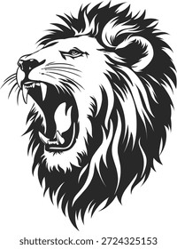 Vector Silueta de la cabeza de un león rugiente en un estilo oscuro y minimalista, mostrando fuerza, poder e intensidad.
