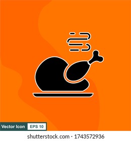 Vector silhouette of a roast chicken on a orange background. Illustration of black food icon