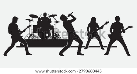 High‑energy vector silhouette of a rock band performing live with singer, drummer, and guitarists in dynamic poses. Perfect for music festival posters, concert flyers, album covers, and entertainment branding. This illustration captures the raw power and intensity of live rock music, emphasizing rhythm, passion, and stage presence.