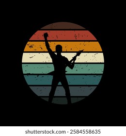 Vector Silhouette Rockstar with Guitar - Retro Design 70s Rock Music Cover