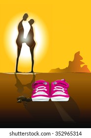 Vector silhouette of romantic man kissing women pregnant. Foreground baby shoes text  message "Love baby" at sunset.