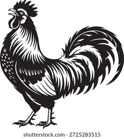 Vector silhouette of a rooster in black. Farm bird isolated on white background. Perfect for poultry, farm, rural life, morning, and design projects.