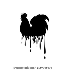 Vector silhouette of rooster with drops on white background.