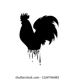 Vector silhouette of rooster with drops on white background.