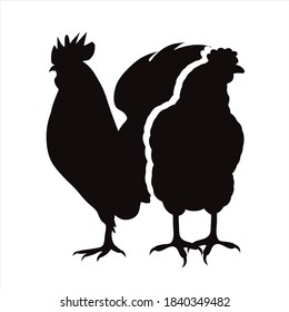 Vector silhouette of rooster with hen on white background. Symbol of farm animal and poultry.