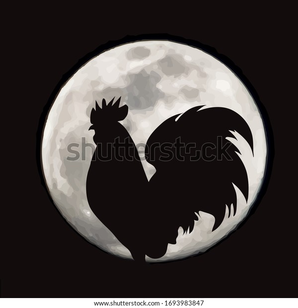 Vector silhouette of rooster with moon background.
Symbol of night.