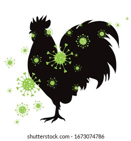 Vector silhouette of rooster spreading bacteria on white background. Symbol of danger bird flu.