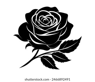 Vector silhouette of roses and leaves on stem isolated on white. Black rose template