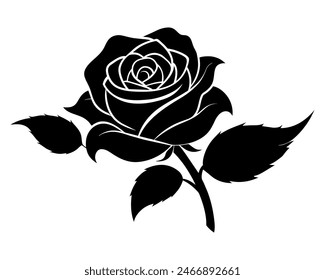 Vector silhouette of roses and leaves on stem isolated on white. Black rose template