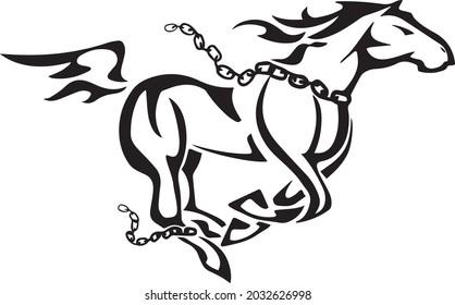 Vector silhouette of a running free horse with chain. 