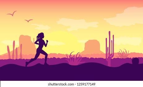 Vector silhouette of running girl with landscape view of dried desert in Arizona. Dried rock mountain,sand hill,cactus, and sunrise sky in summer hot day. For wallpaper, background,backdrop, banner